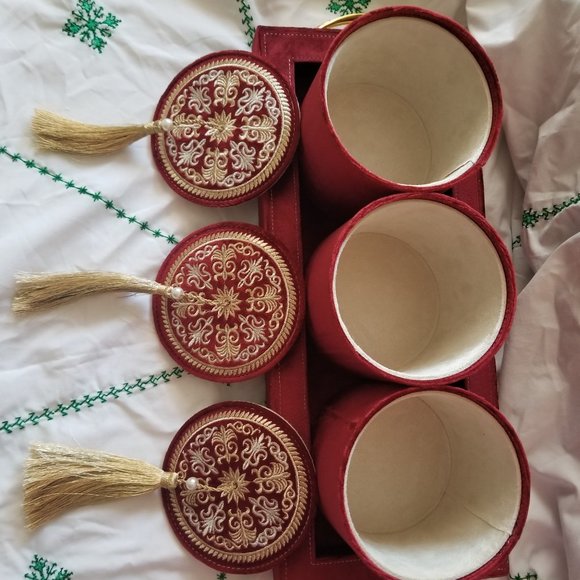 Embroidered jars and serving tray set